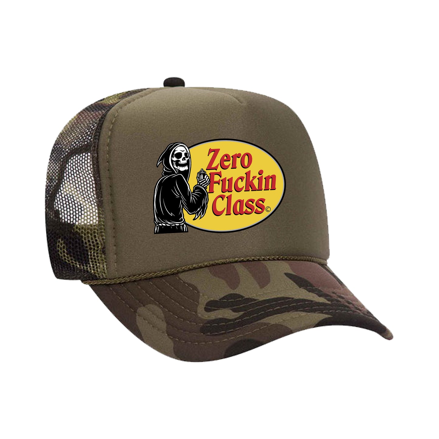 ZERO FUCKIN CLASS CAMO TRUCKER SNAPBACK